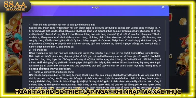 Hoàn tất hồ sơ thiết lập ngay khi nhập mã xác thực